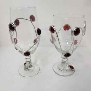 Wine Glasses Set of 2 artisan Clear Glass‎ Silver Wire Red Jewel Accent Decor